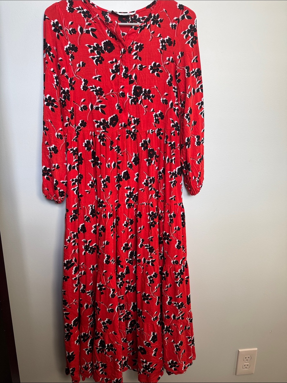 Zara Red Long-Sleeve Maxi Dress with Black & White Floral Print